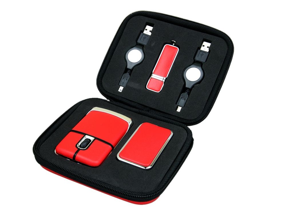 Подарочный набор USB-SET в кожанном исполнении в коробочке на 16 Гб, красный